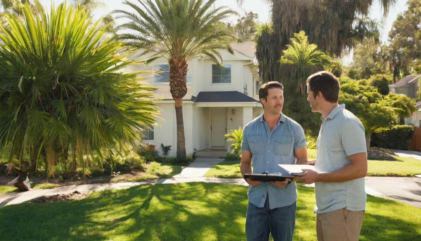 A homeowner reviewing a written tree removal quote with a provider in the Venice area